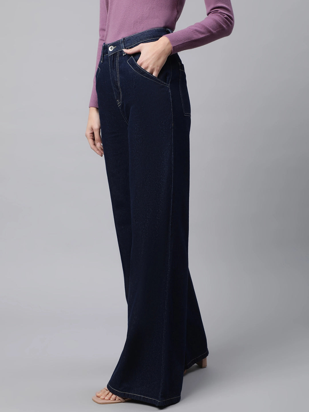 Women Dark Blue Contrast Stitch Wide Leg High Rise Jeans - Global Republic