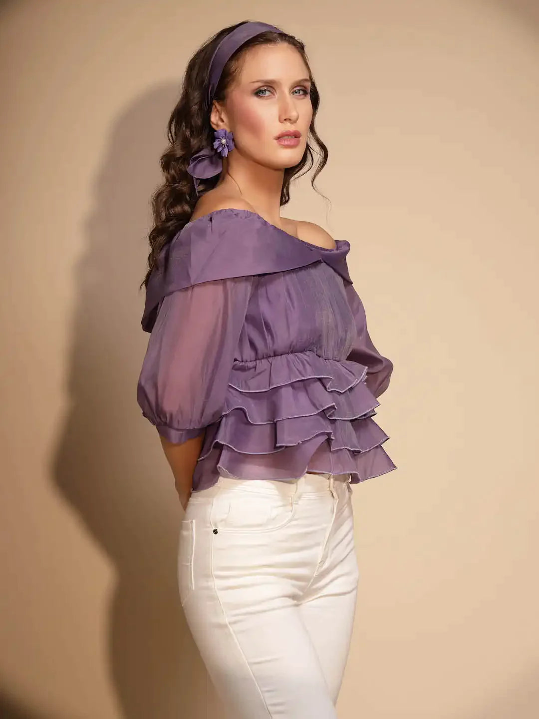 Brown Polyester Off-Shoulder Top