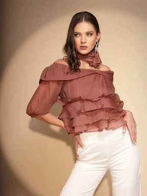 Brown Polyester Off-Shoulder Top