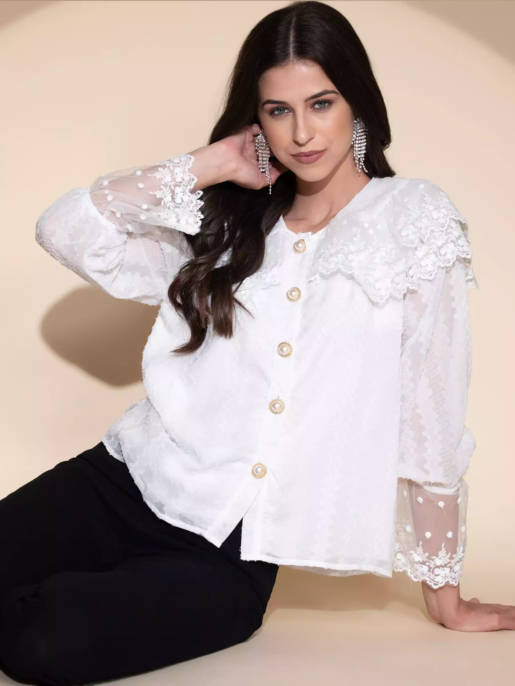 women white polyester embroidered shirt