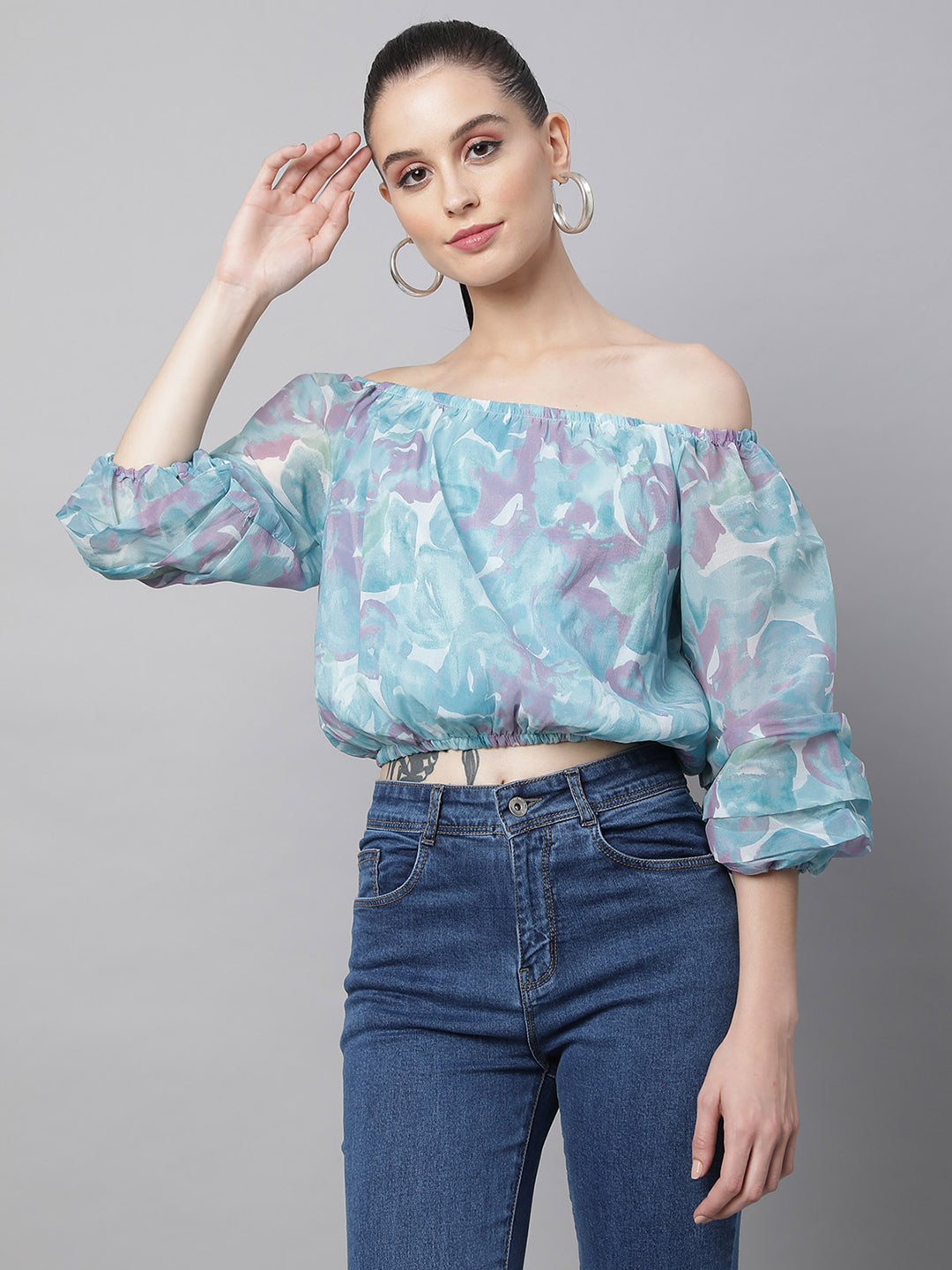 Women Off-Shoulder Aqua Printed Cropped  Blouse Top