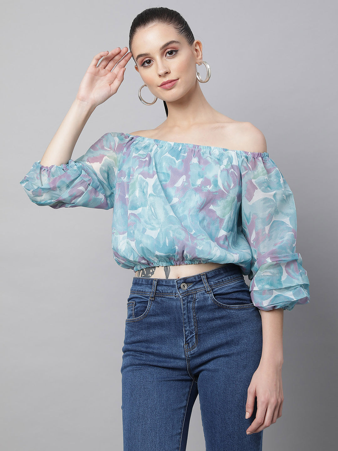 Off-Shoulder Printed Cropped  Blouson Top - Global Republic