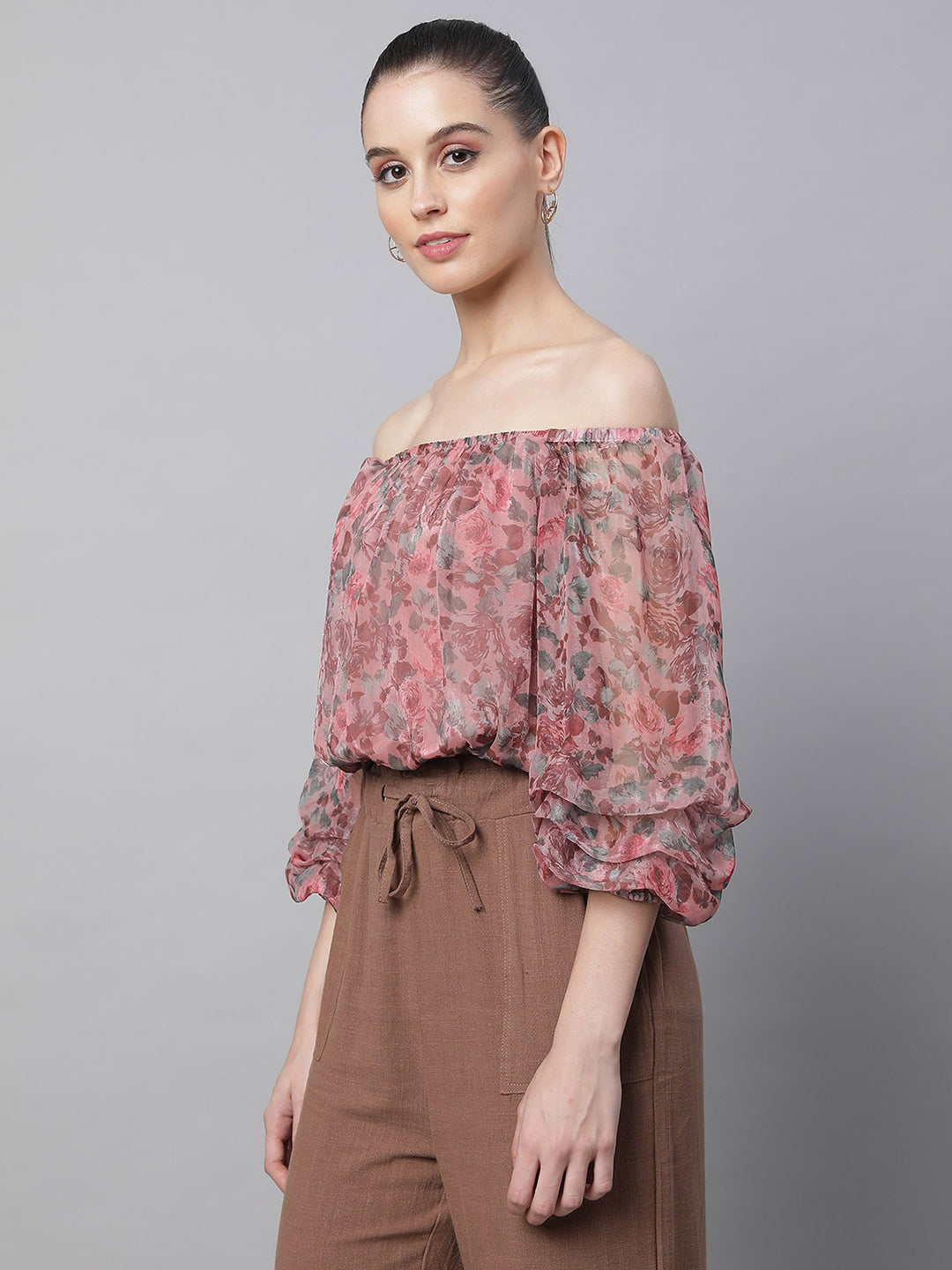 Off-Shoulder Printed Cropped  Blouson Top - Global Republic