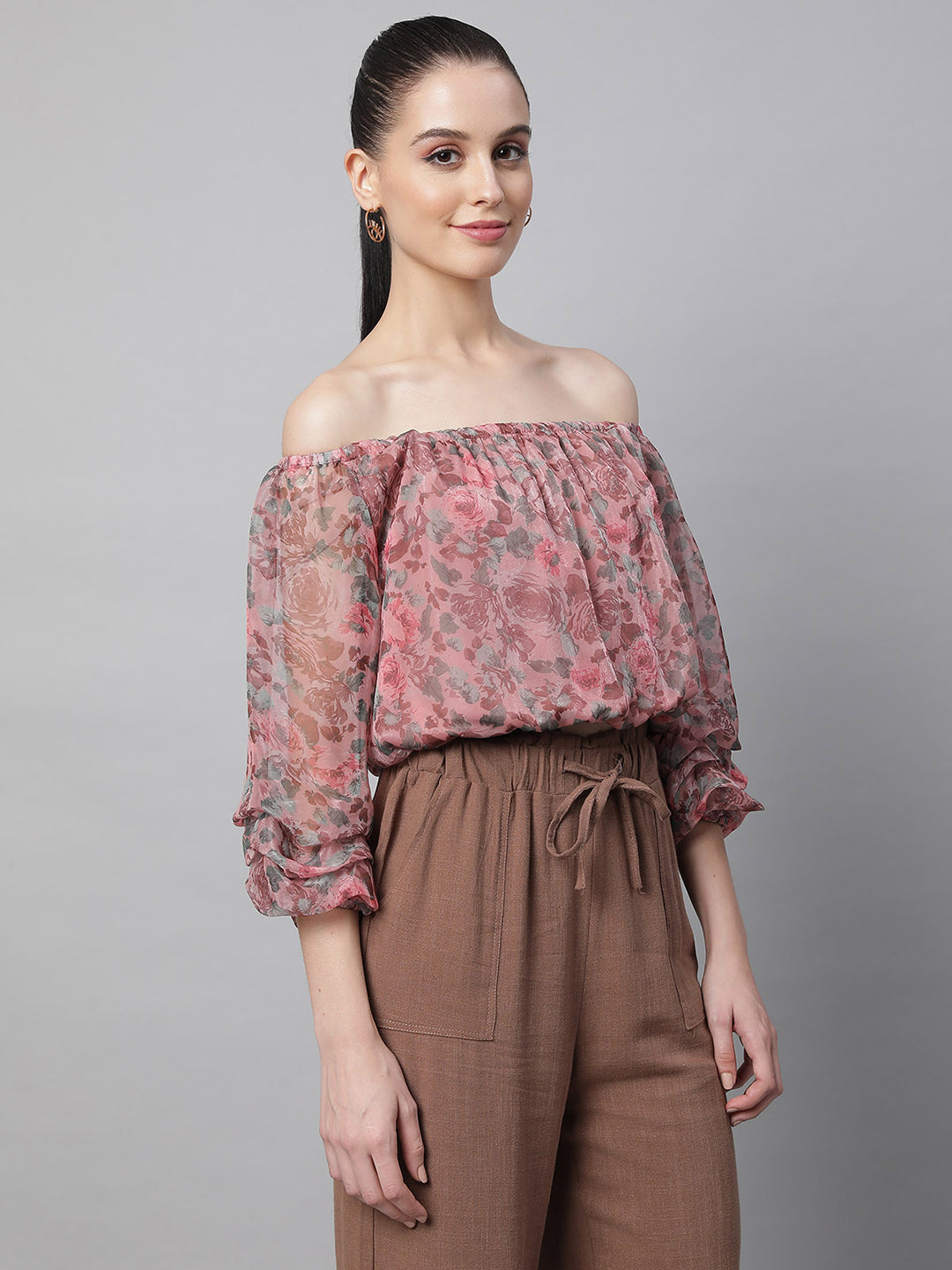 Off-Shoulder Printed Cropped  Blouson Top - Global Republic