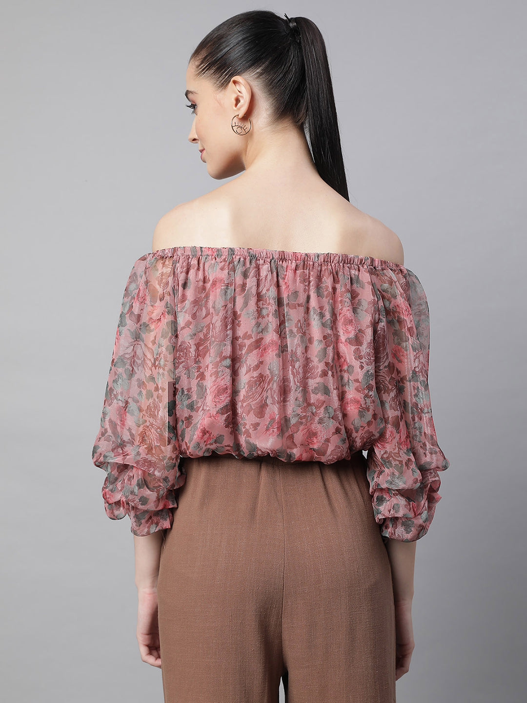 Off-Shoulder Printed Cropped  Blouson Top - Global Republic