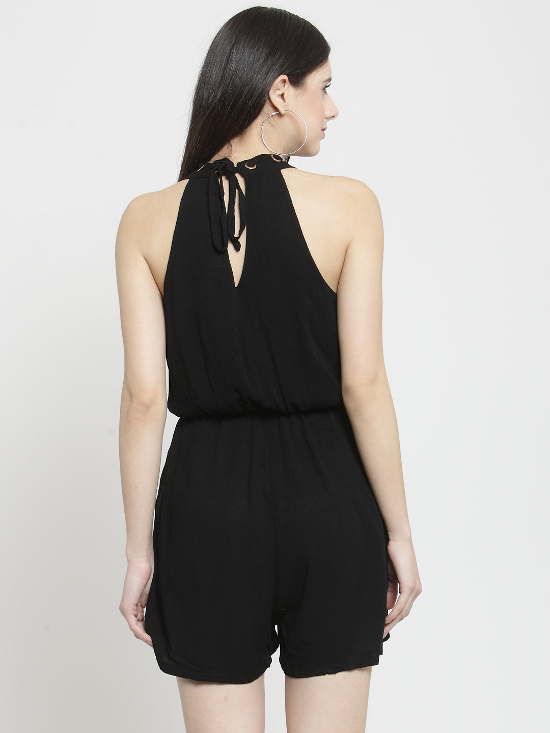 Women Solid Black Playsuit With Rivets