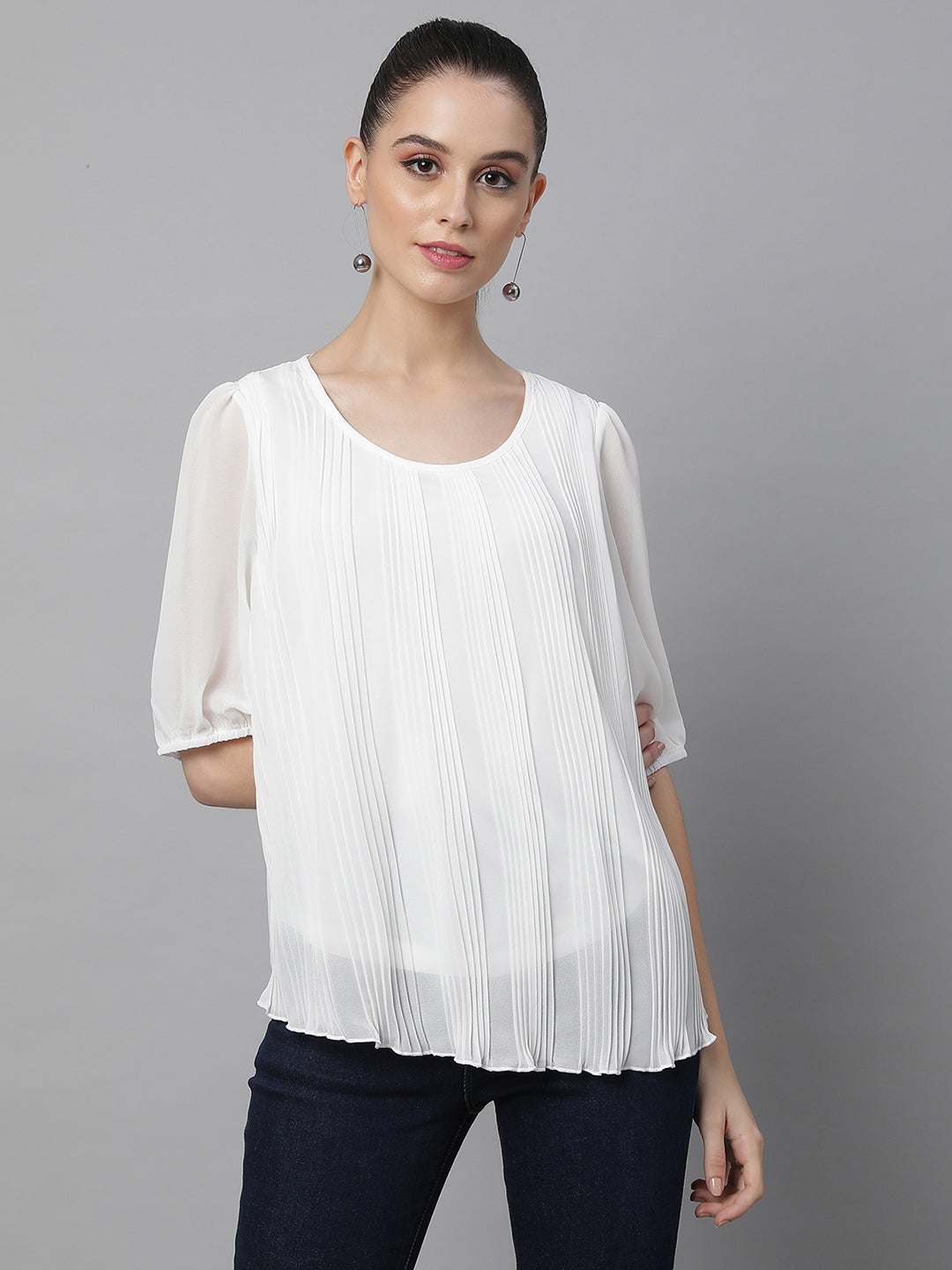 Women Oval Neck Flared Fit Blouson Top