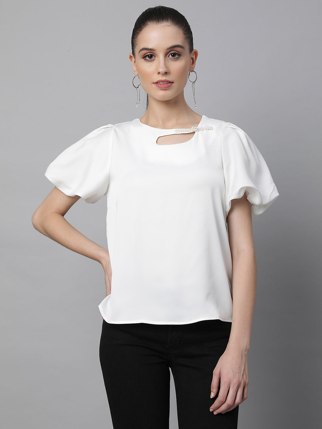 Women Asymmetric Neck Regular Fit White Blouse Top