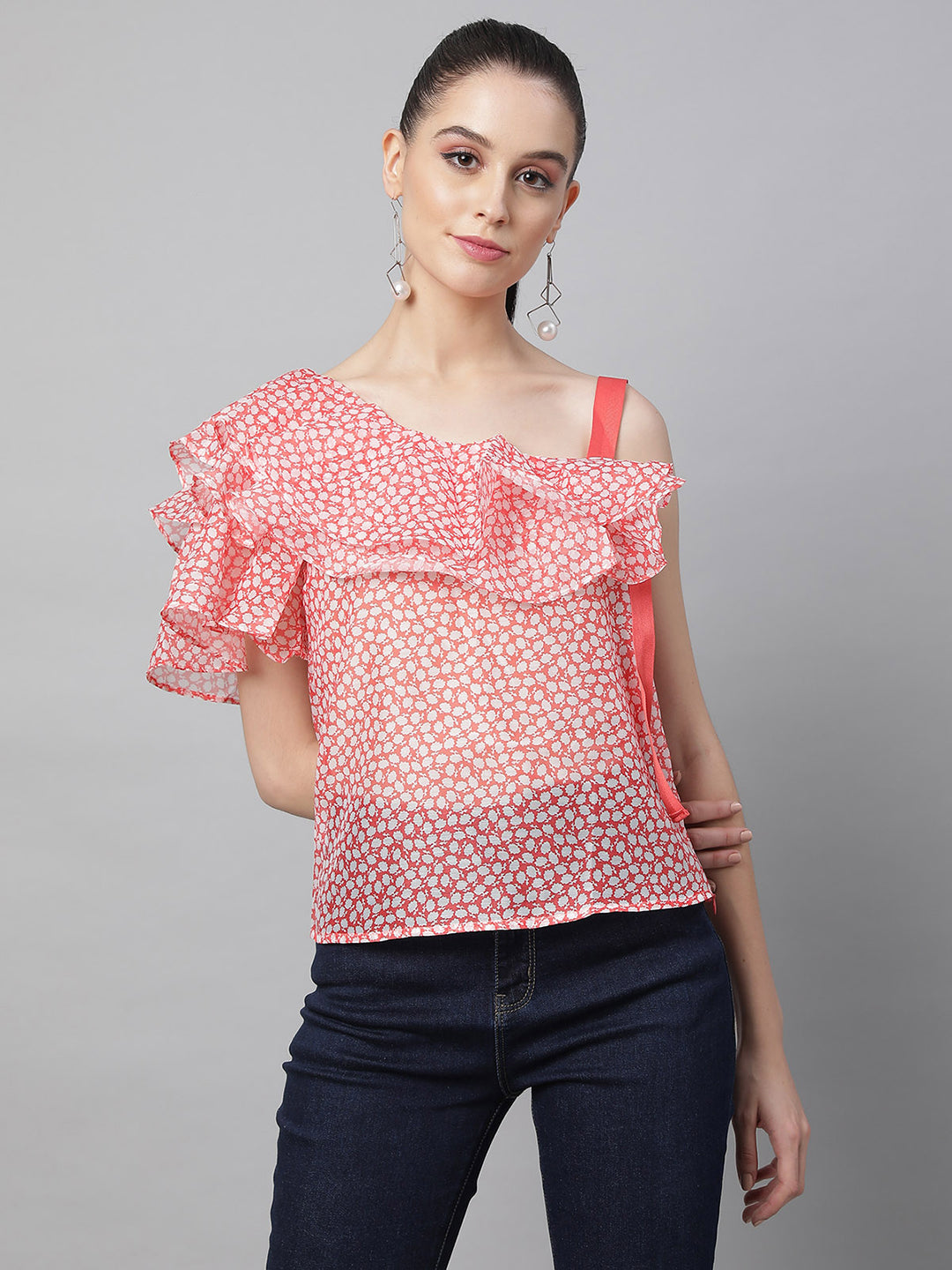 Women Tomato Red Asymmetric Neck Printed Blouson Top