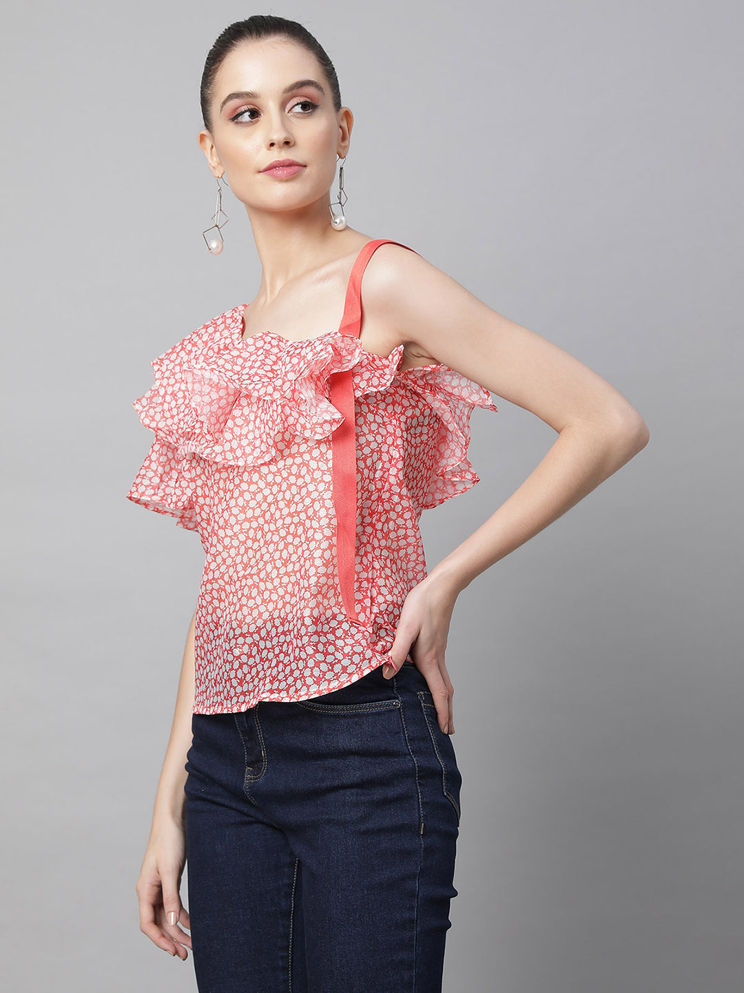 Women Tomato Red Asymmetric Neck Printed Blouson Top