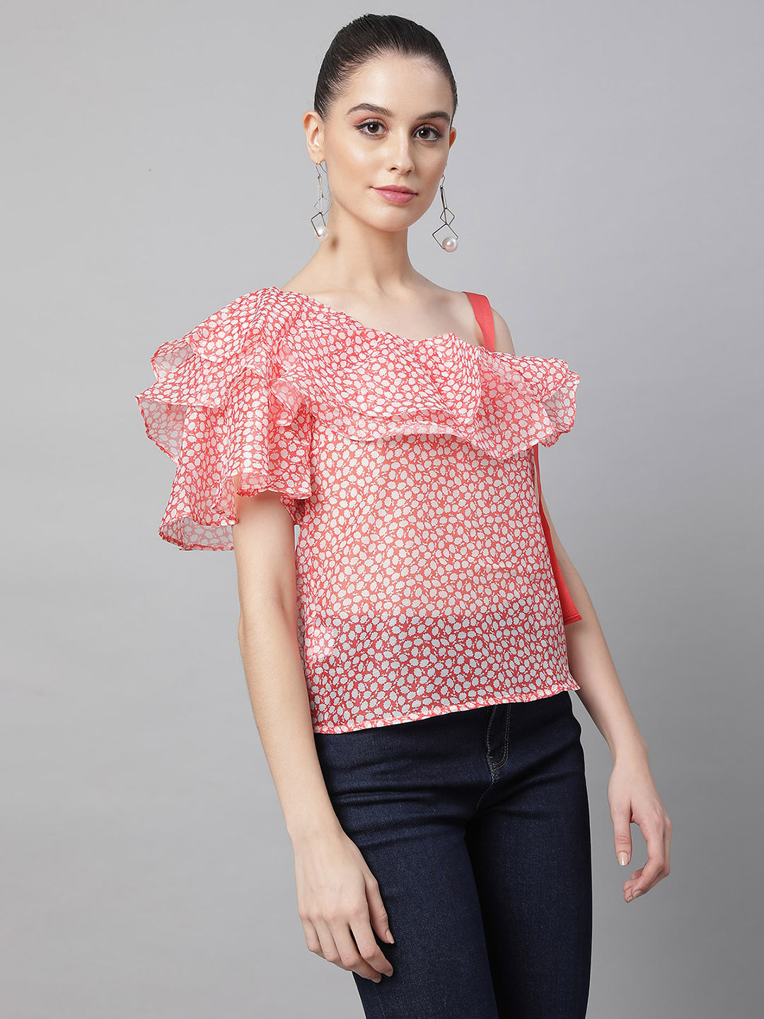 Women Tomato Red Asymmetric Neck Printed Blouson Top