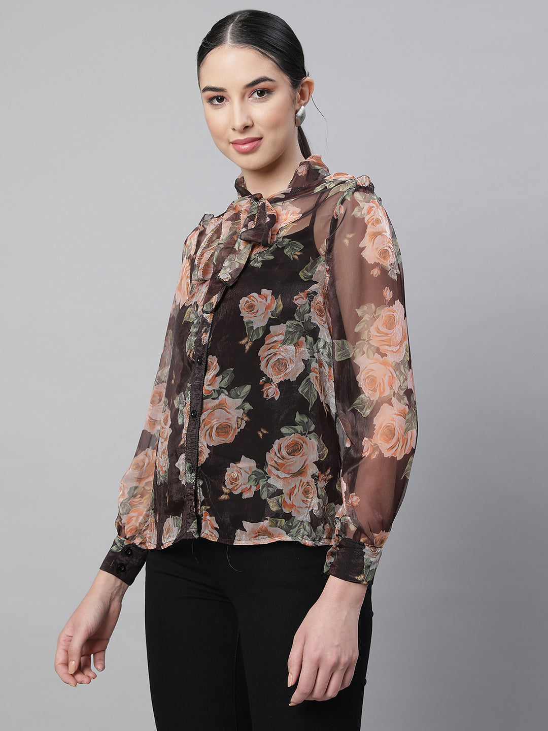 women black collar neck printed shirt