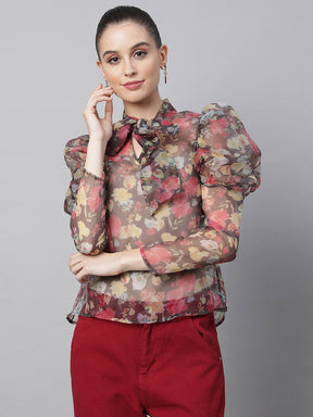 Women Puffed Sleeves Floral Printed Brown Blouse