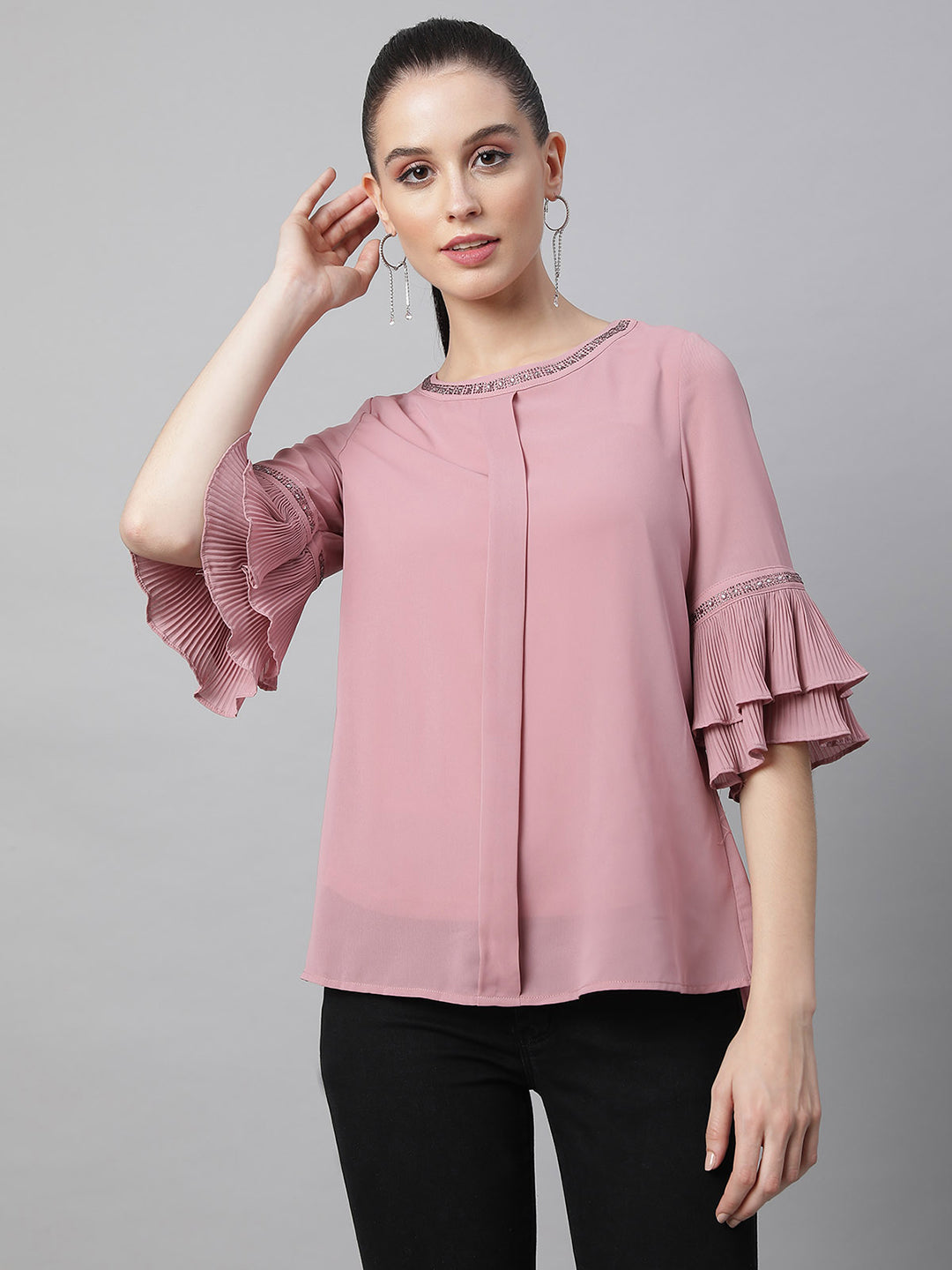 Pink Embellished Polyester Blend Top