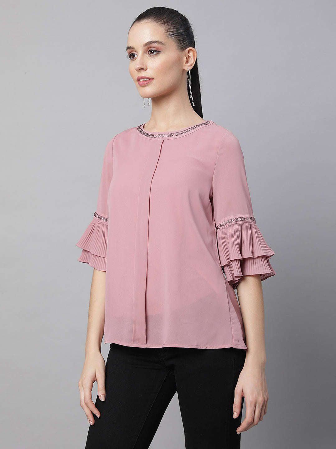 Women Bell Sleeves A-Line Dusky Pink Blouse Top