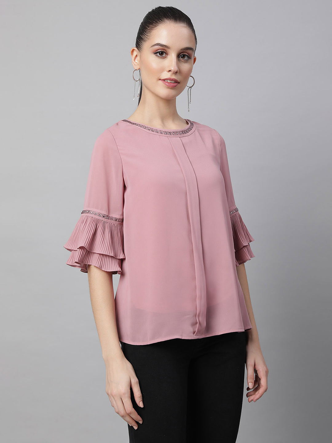 Women Bell Sleeves A-Line Dusky Pink Blouse Top