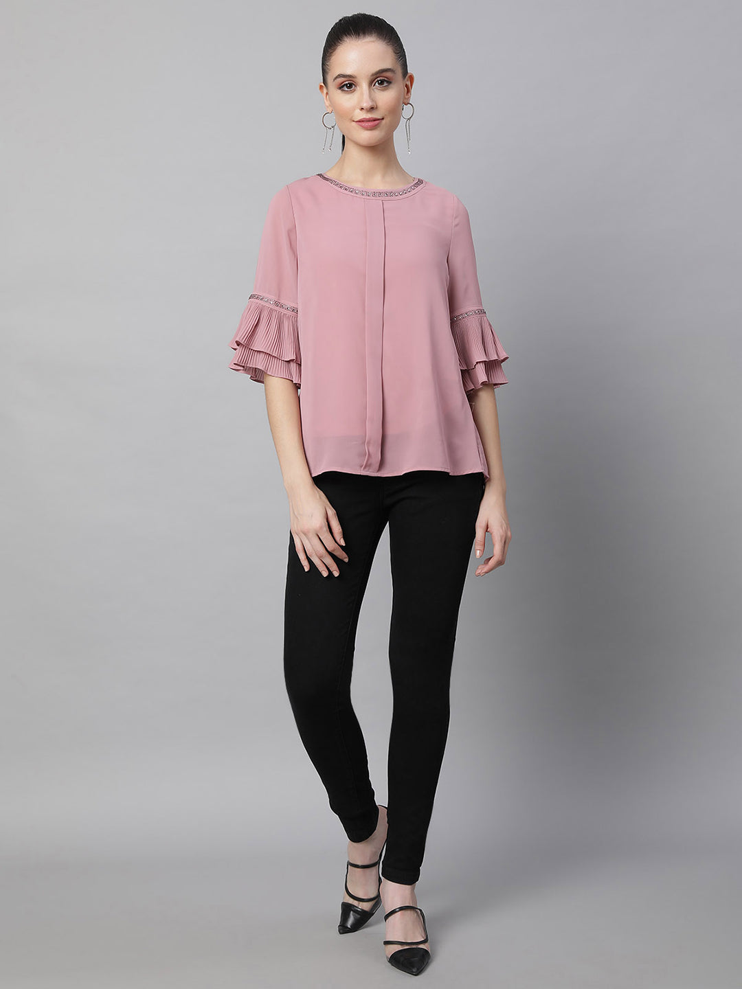 Women Bell Sleeves A-Line Dusky Pink Blouse Top