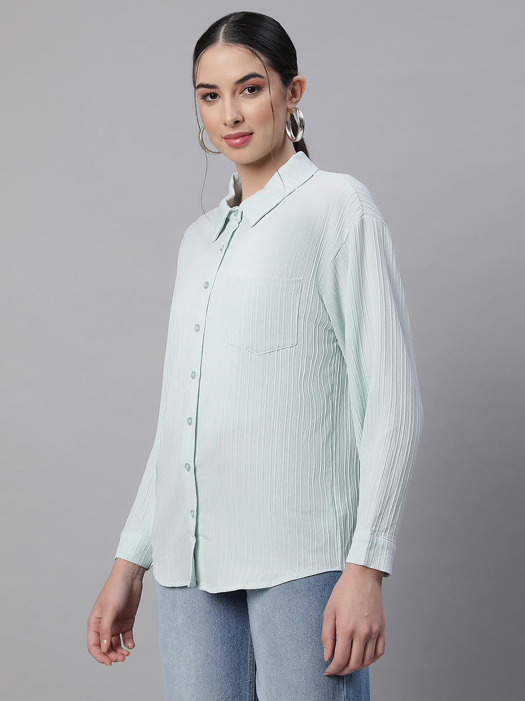 women blue collar neck solid shirt