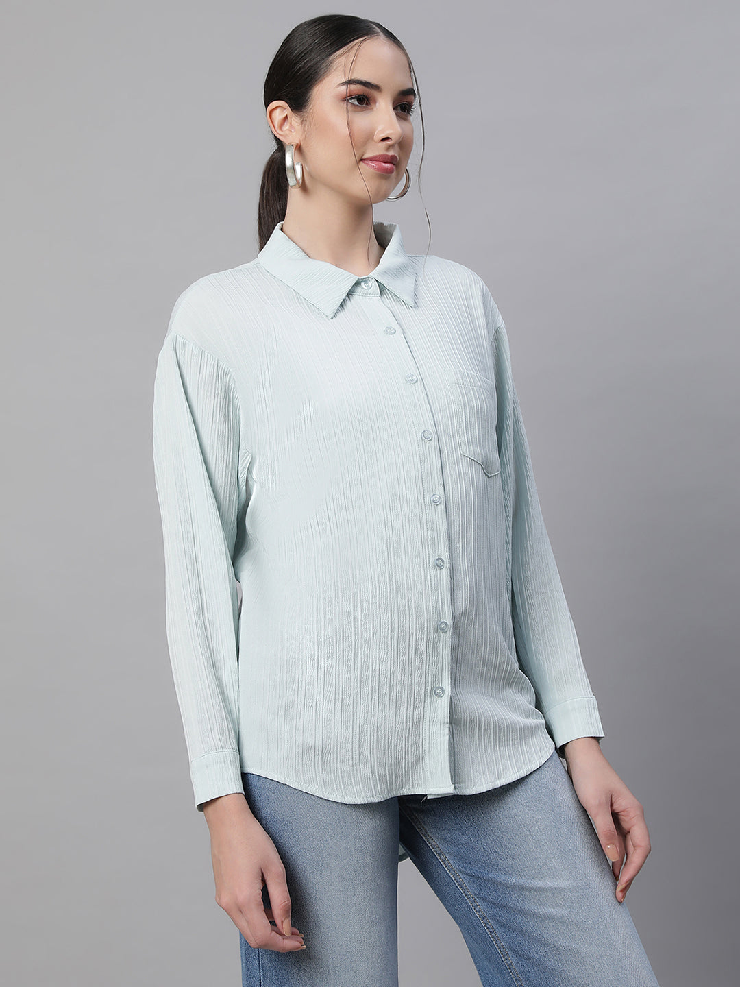 women blue collar neck solid shirt