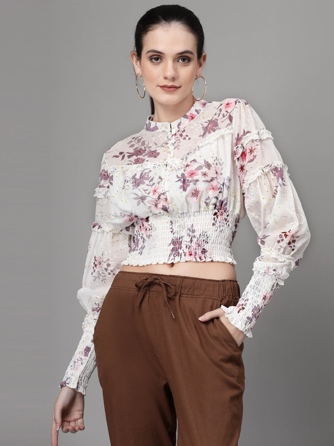 Multi Print Elasticated Hem Crop Top