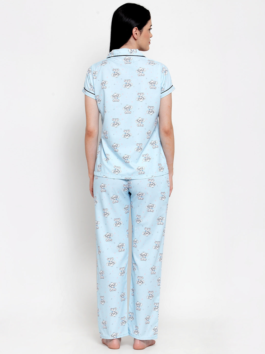 Women Lt Blue Cotton Printed Night Suit Set