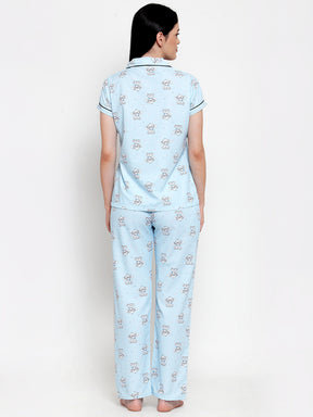 Women Lt Blue Cotton Printed Night Suit Set