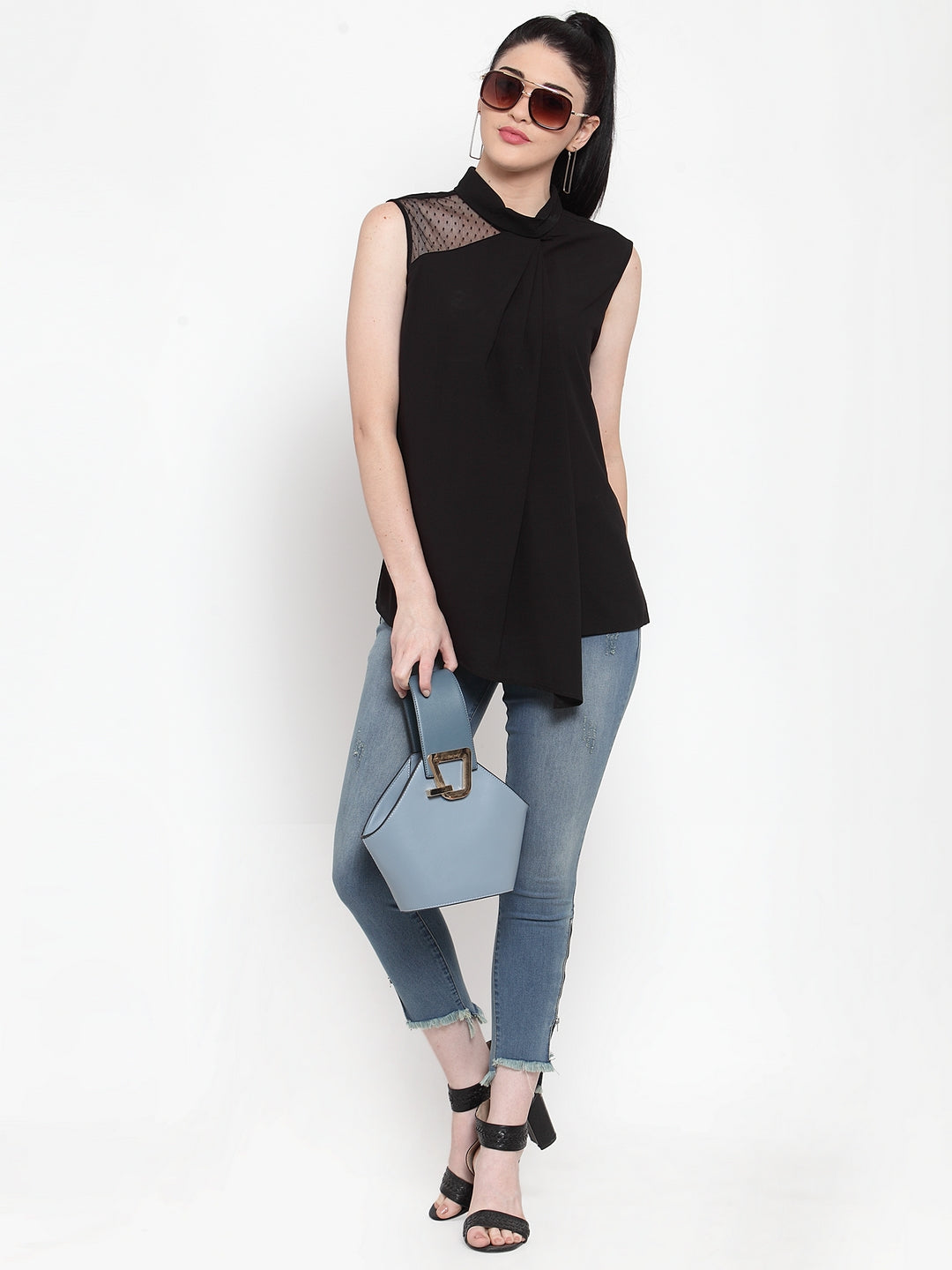 Women Black Turtle Neck Asymmetric Hem Top