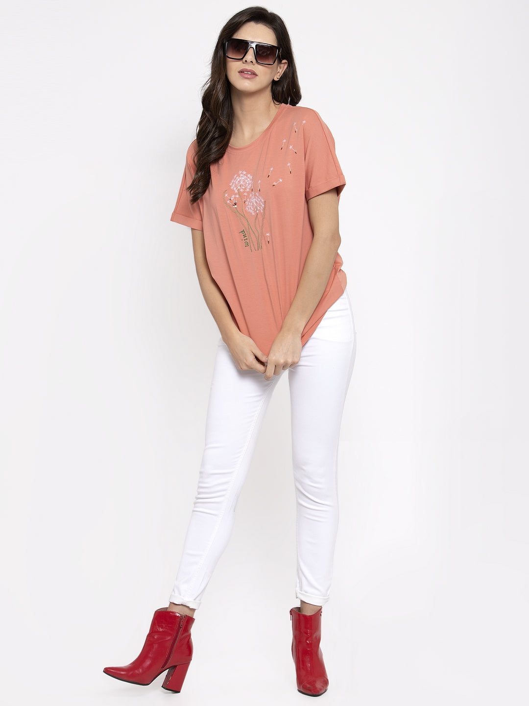 Women Printed Peach Round Neck T-Shirt