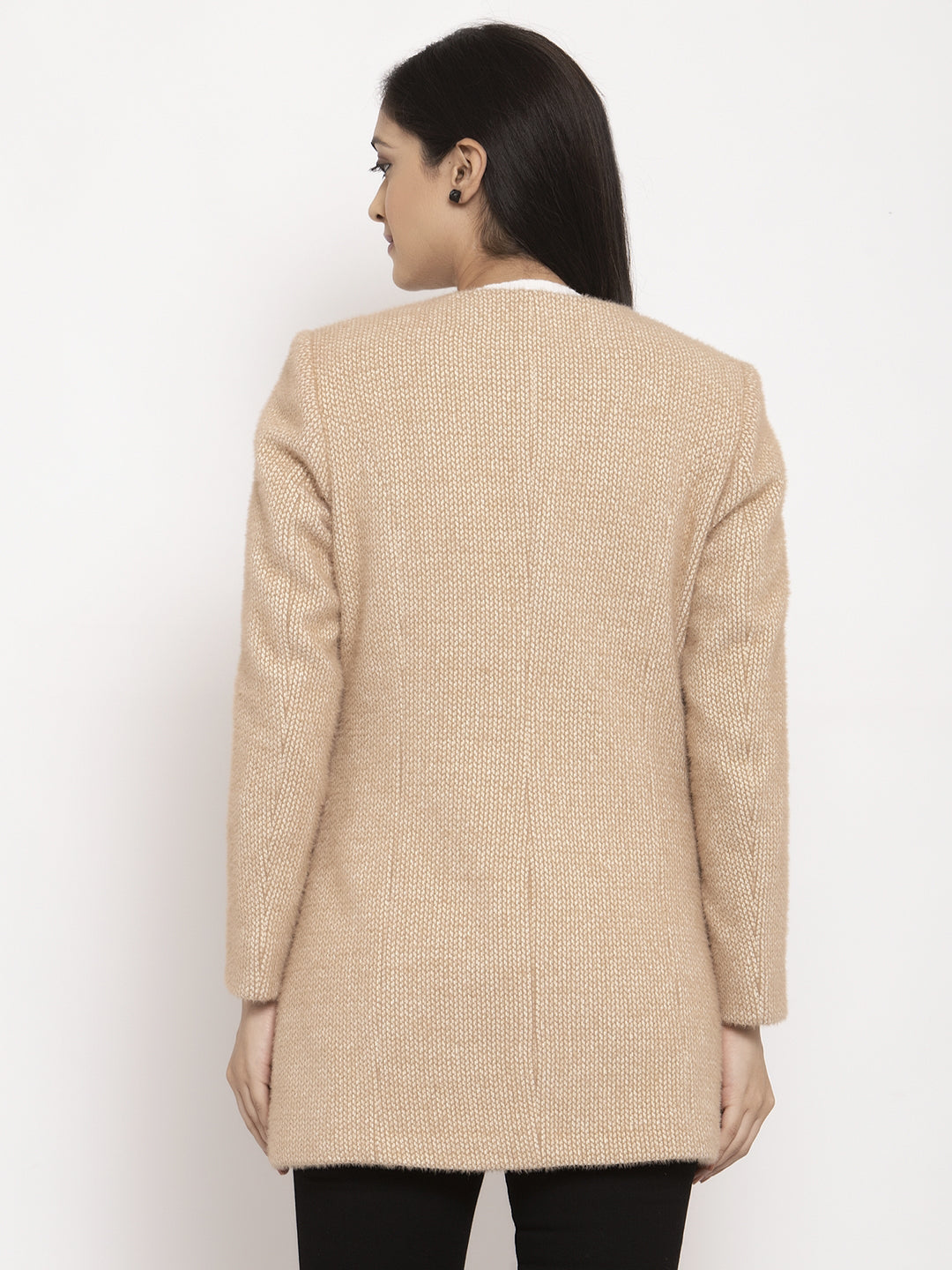 Women Khaki T-Neck Solid Coat