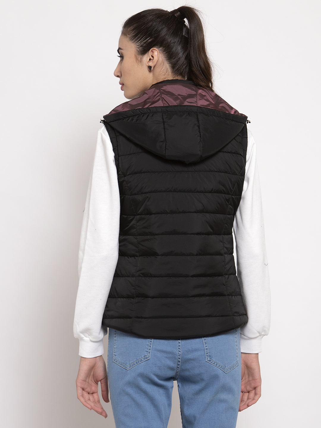 Women Black Solid Hooded Reversible Jacket