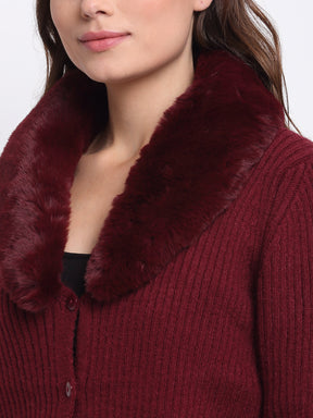 Women Maroon  Solid KNIT Cardigan