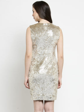 Women Sequined Gold Dress With Embellished Neck