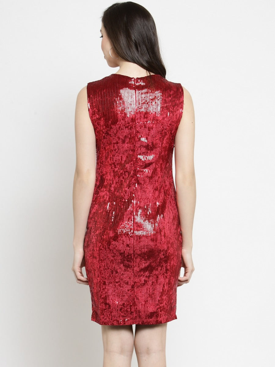 Women Sequined Red Dress With Embellished Neck