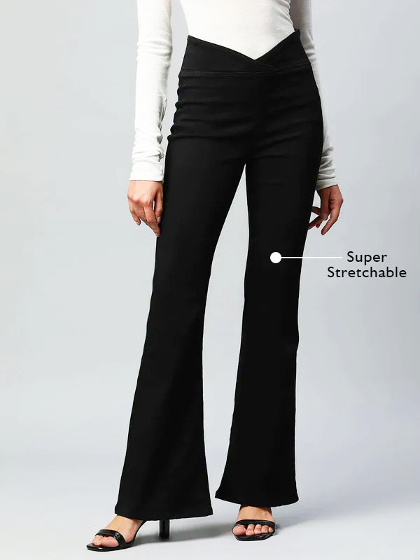 Black V-shape Waist Denim Bootcut Jegging