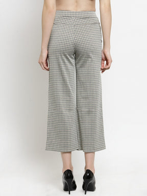 Women Off-White & Black Flared Trousers With Checks.