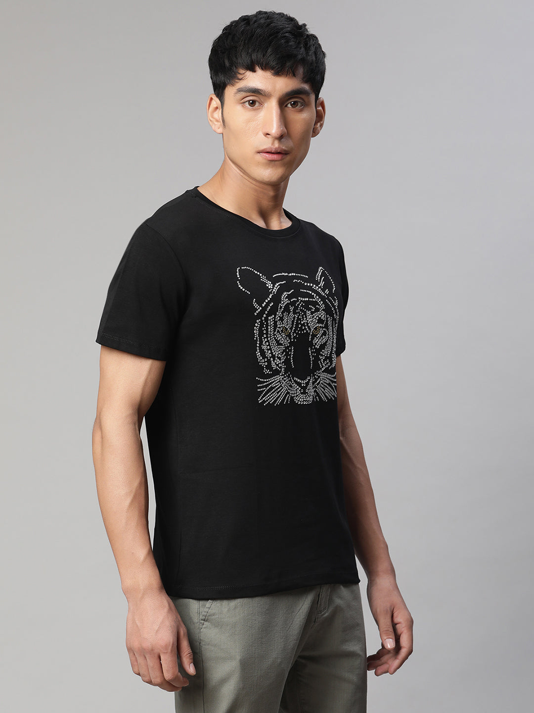 Men Black Tiger Aplic T-Shirt