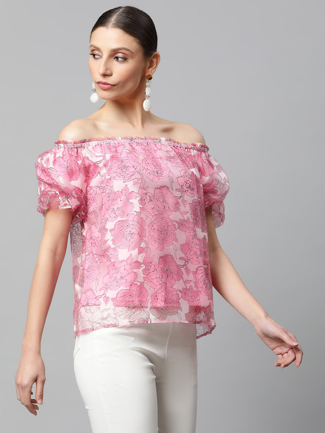 Women Net Floral Off-Shoulder Printed Top