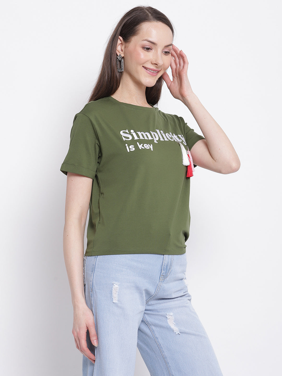 Women Olive Green Print T-Shirt with Knot Details at Hem