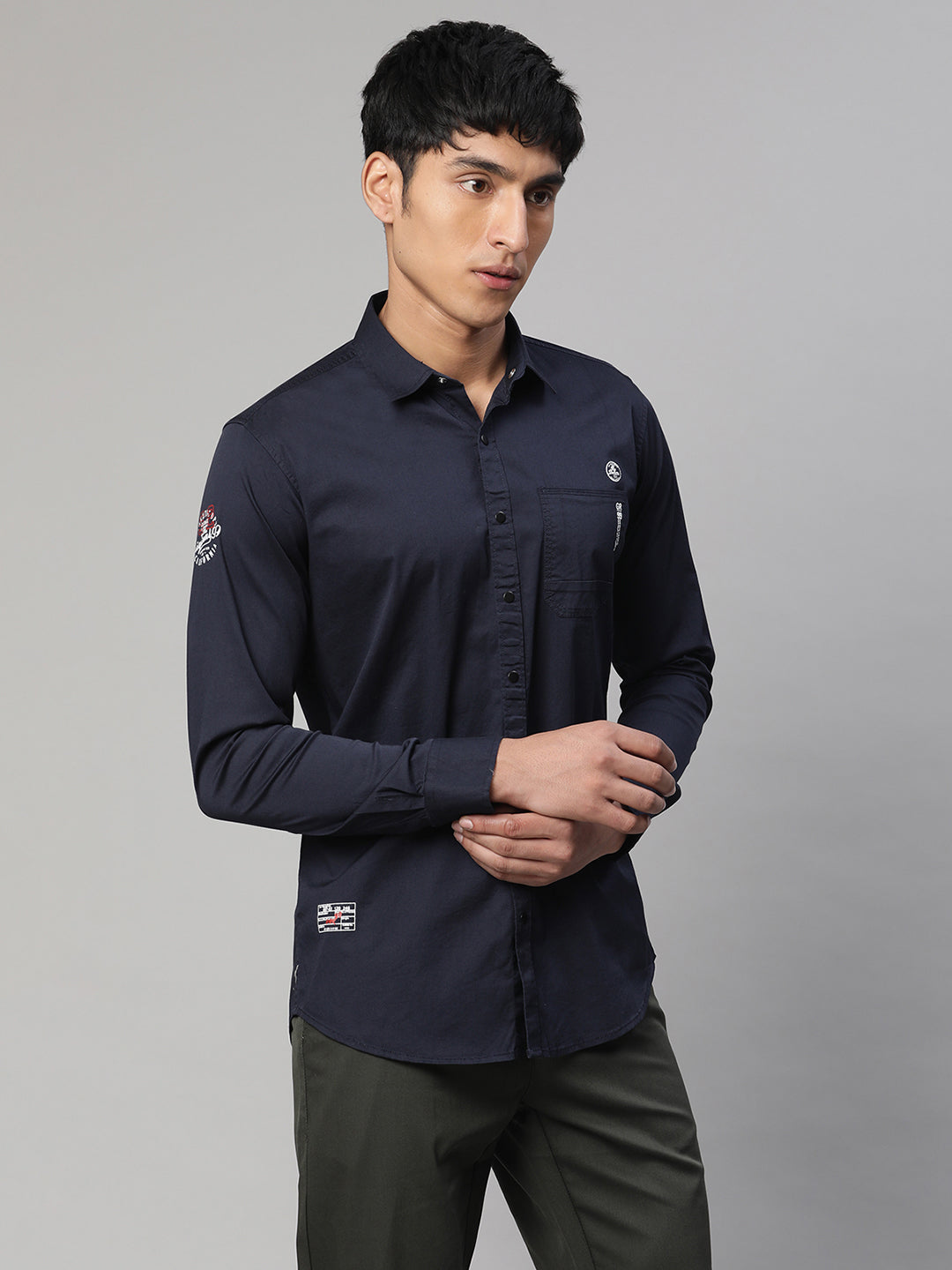 Men Navy Blue Semi Formal Shirt