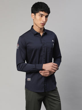 Men Navy Blue Semi Formal Shirt