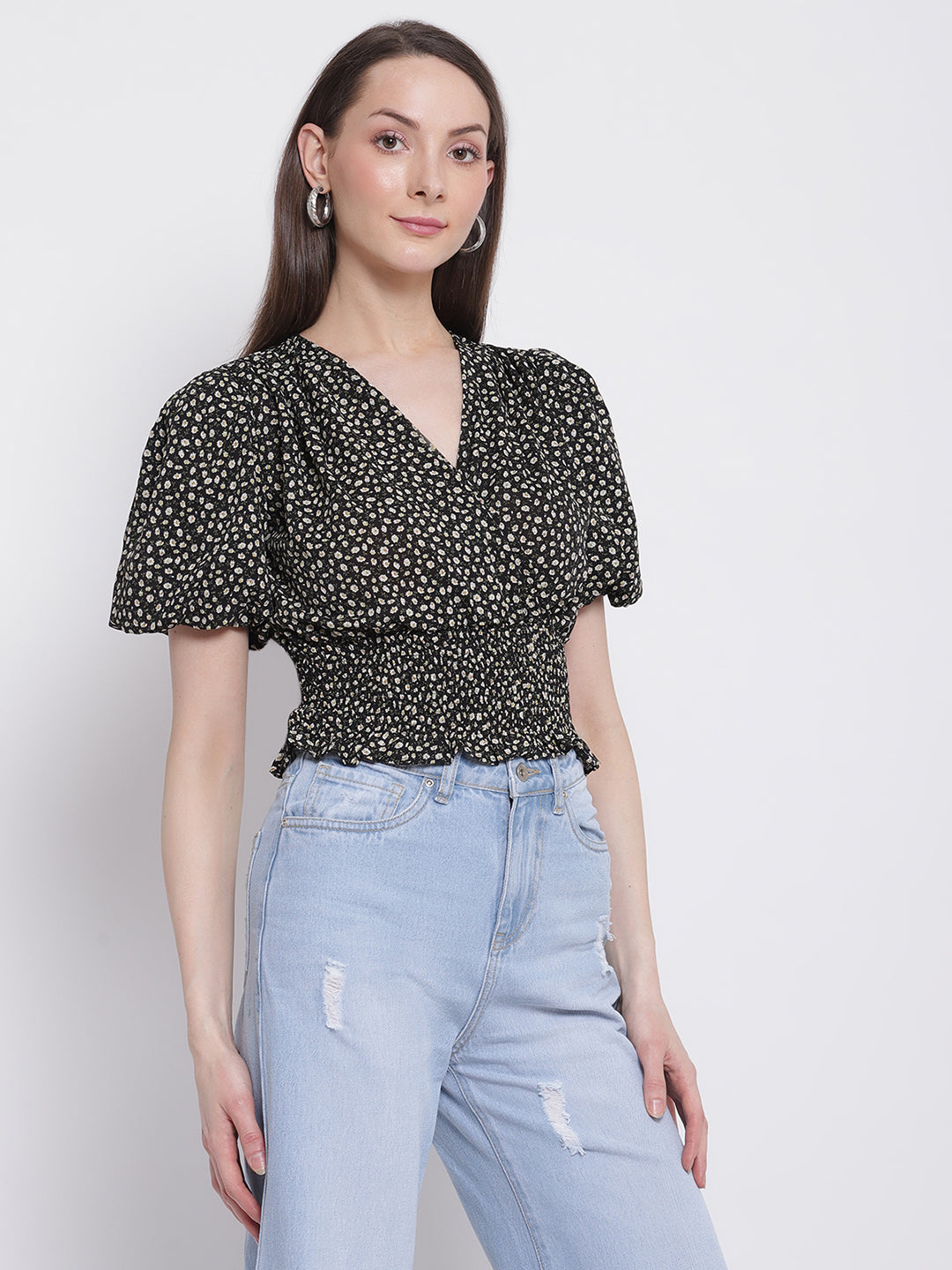 Women Black Colour Floral Print Crop Top