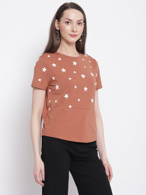 Women Stars Printed Brown Regular Fit T-Shirt
