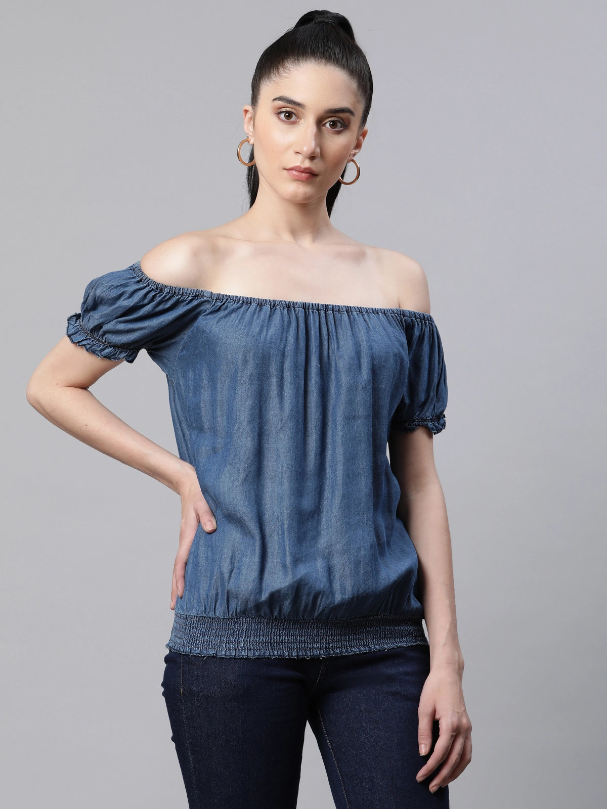 Women Blue Denim Off Shoulder Loose Fit Casual Top