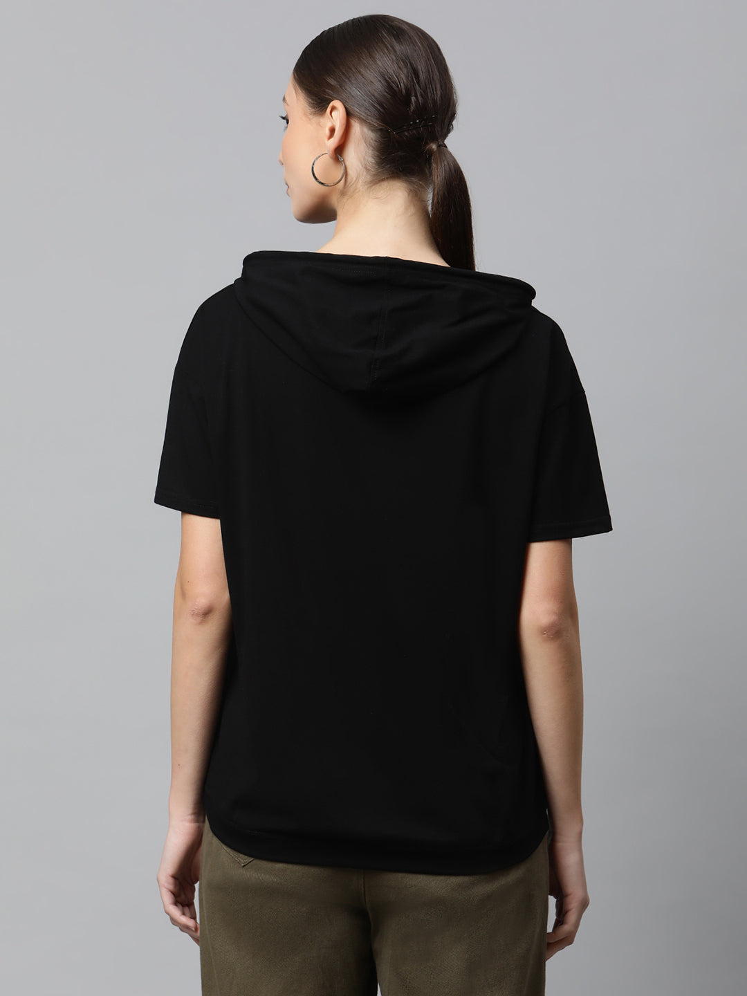 Women Black Regular Fit Hooded Embellished T-Shirt - Global Republic