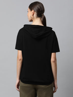 Women Black Regular Fit Hooded Embellished T-Shirt