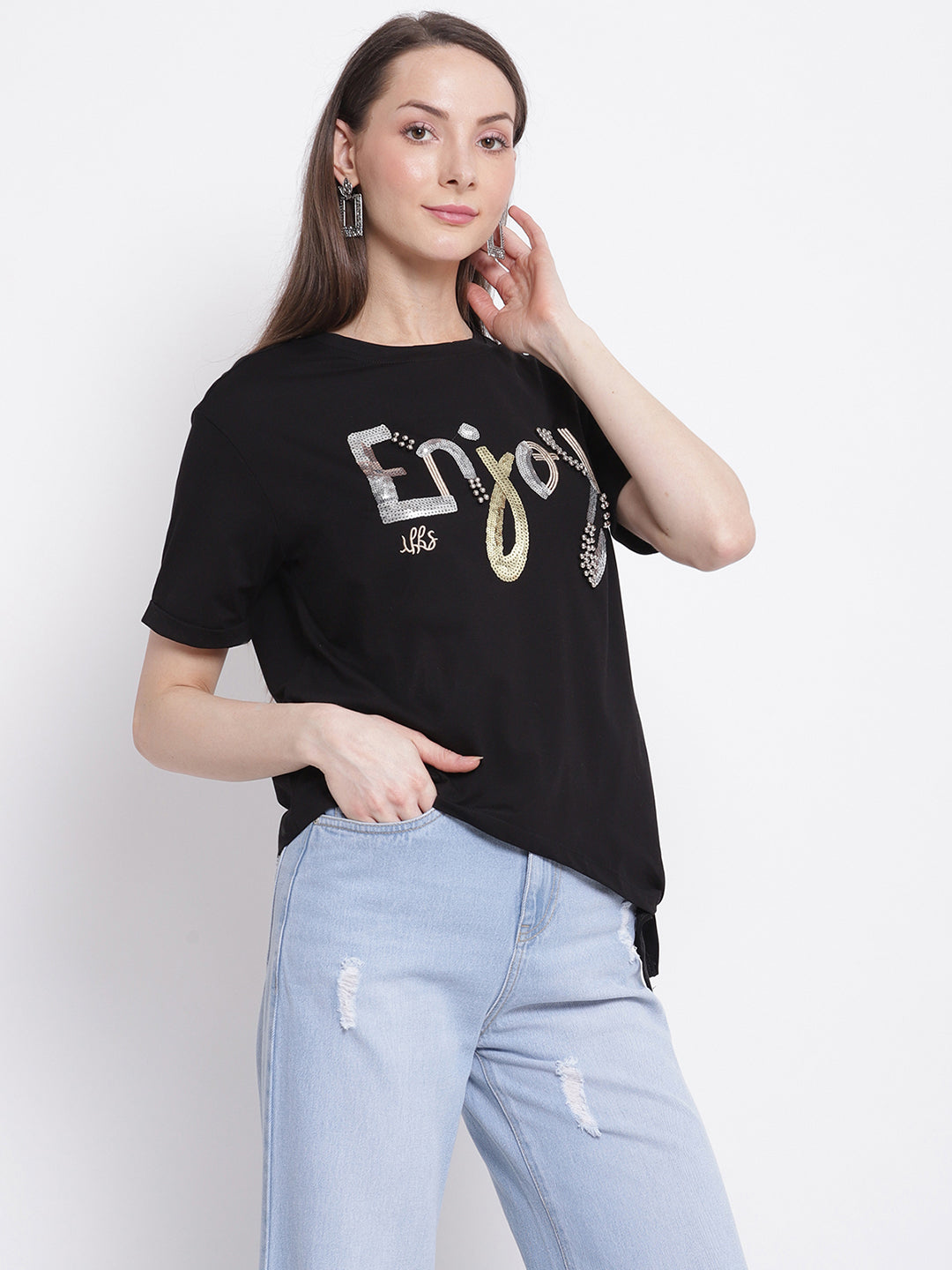 Women Black Printed Top with Knot Details at Hem