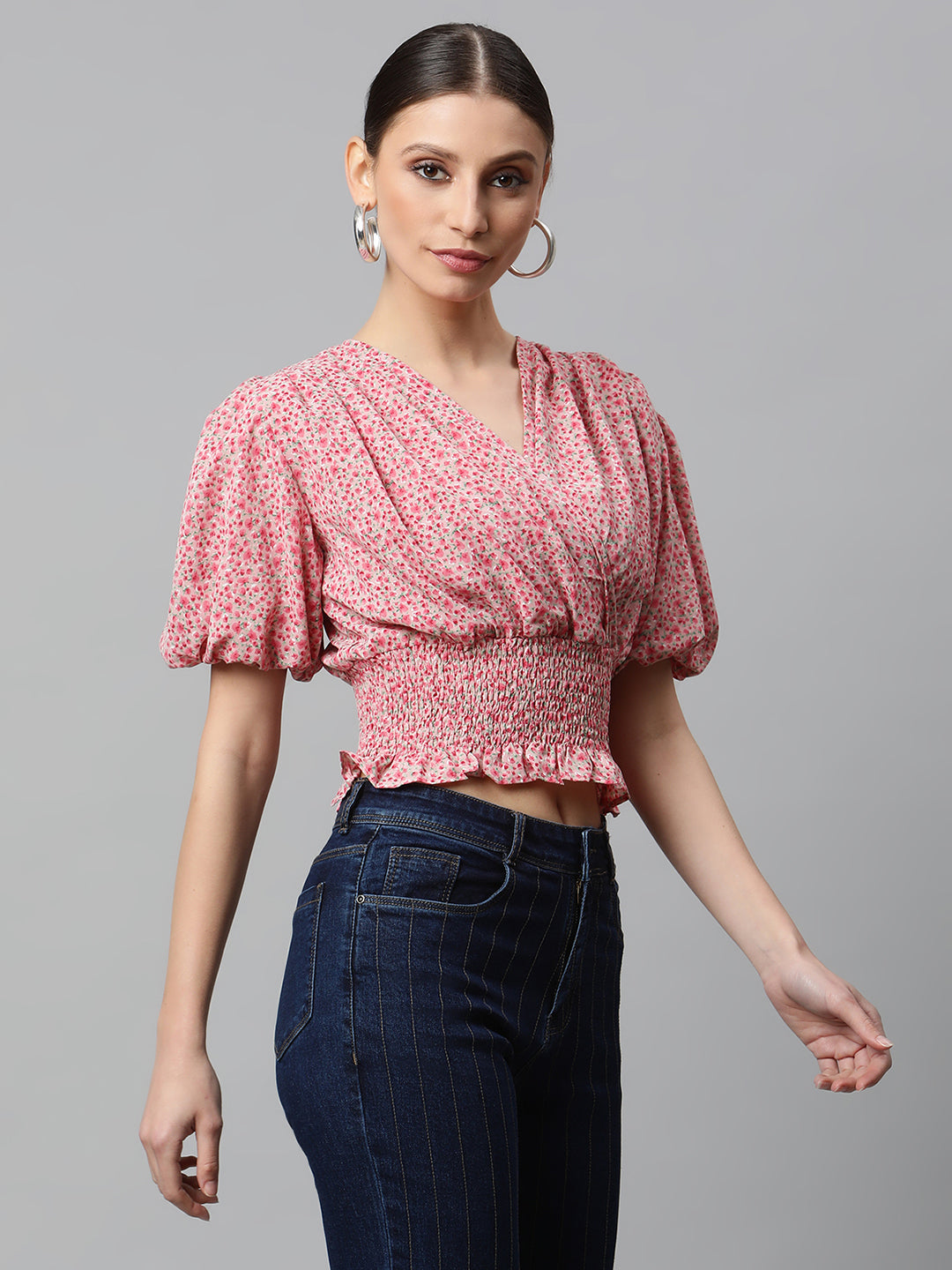 Women Pink Elasticated Hem Floral Print Cropped Top