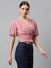 Women Pink Elasticated Hem Floral Print Cropped Top