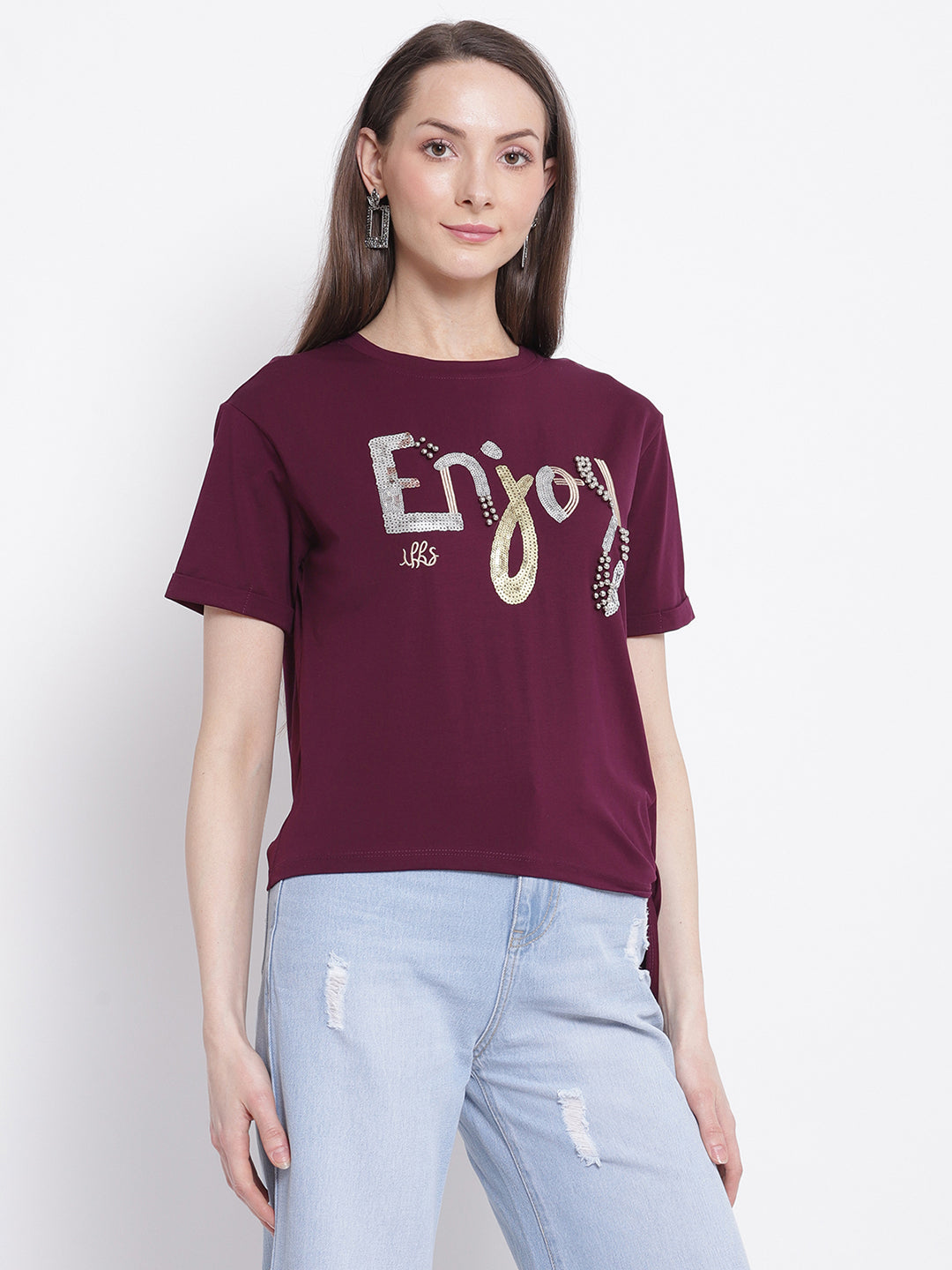Women Maroon Printed T-Shirt with Knot Details at Hem