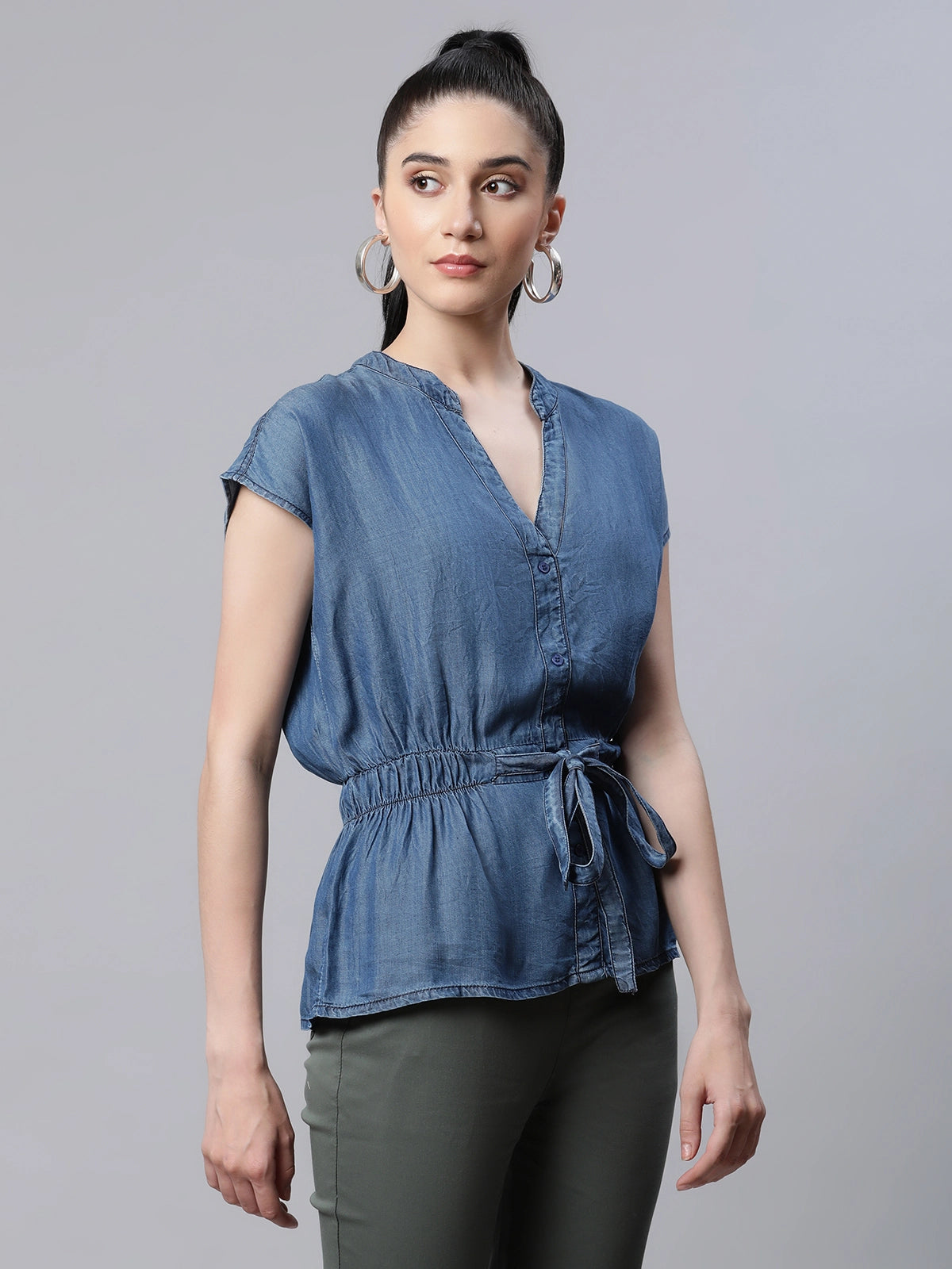 Women Blue Denim Regular Fit Blouson Top With Belt